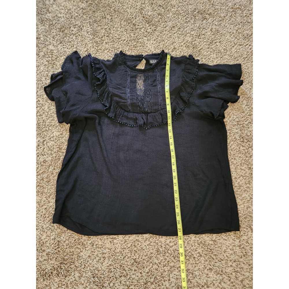 Rouge‎ Collection Black Lace Ruffle Pom Pom Gauze Blouse Womens 2X Boho Top - Picture 5 of 8